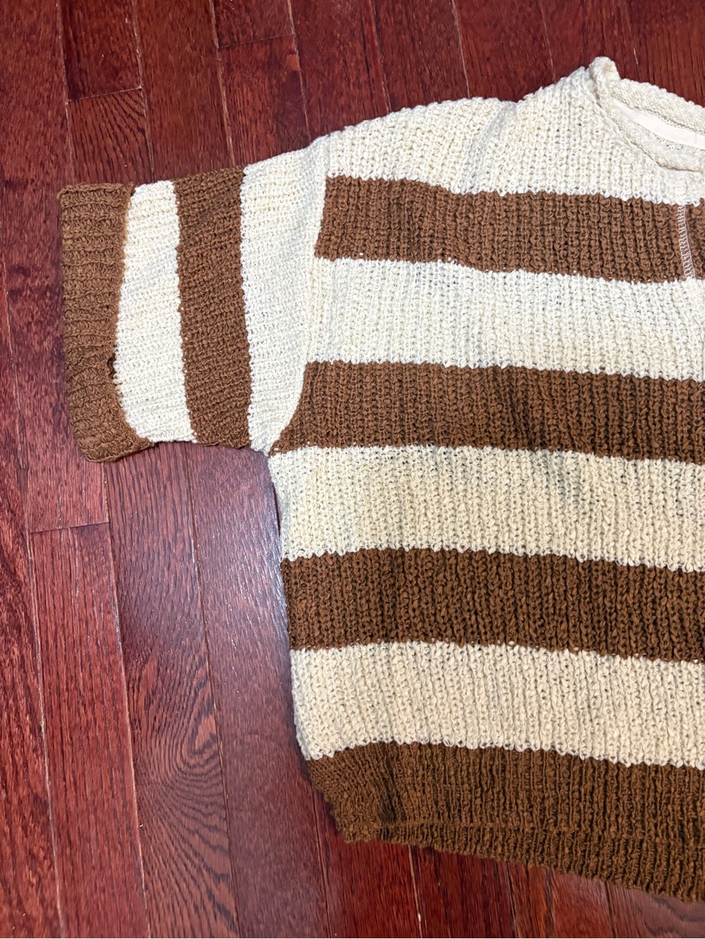 Zenana Outfitters Cream and Brown Striped V-Neck Knit Top - Picture 5 of 8